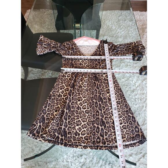 OB2-12 Sheath Dress Womens Small Multi Leopard Print Pleated Flare Sleeve V Neck - Picture 8 of 13